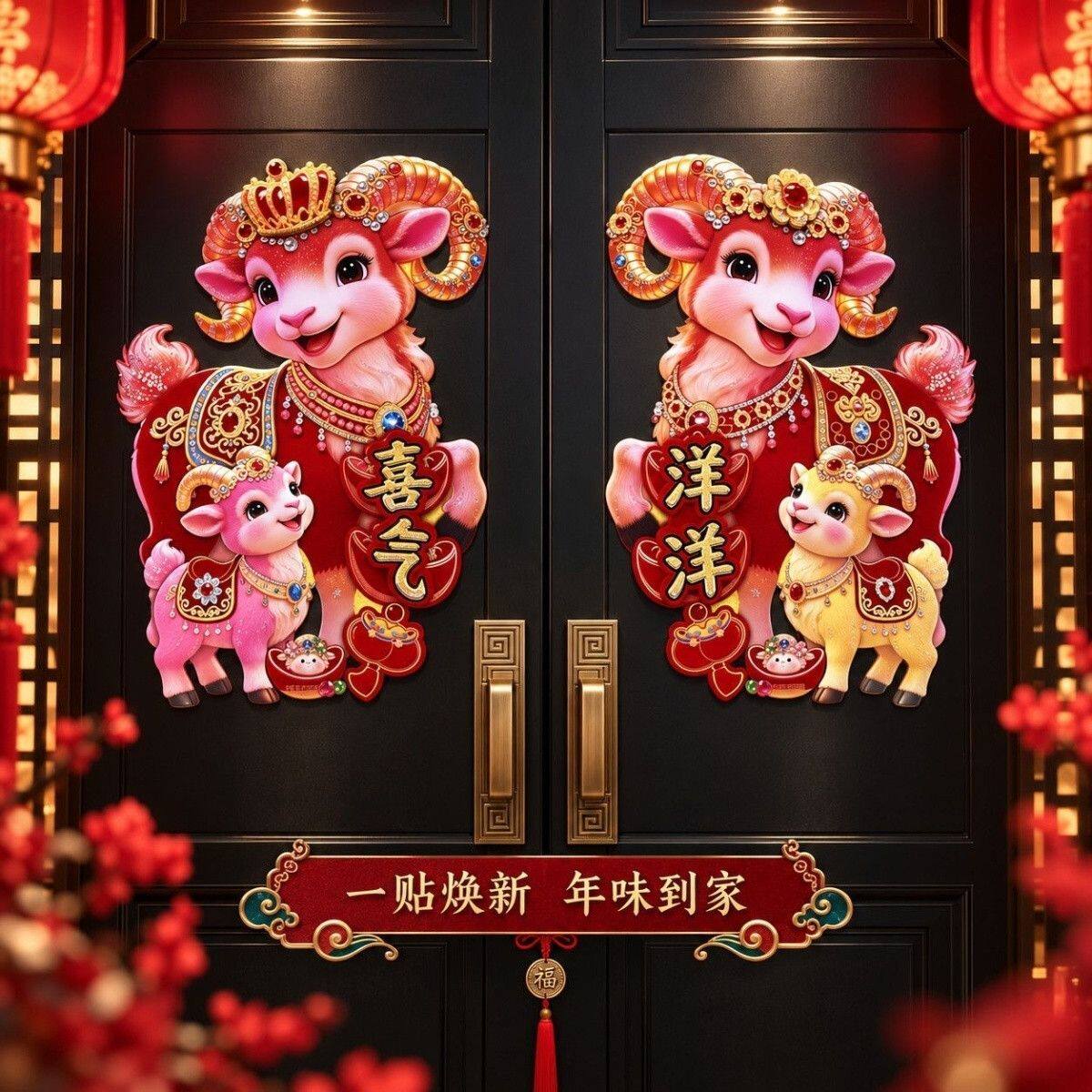 2027羊年生肖门贴新款植绒精品对贴门玻璃窗花立体过年贴纸喜庆