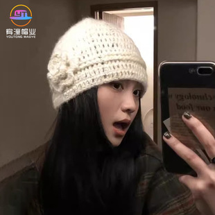 编织帽子女款2025新款细闪花朵针织包头帽秋冬百搭保暖冷帽氛围感