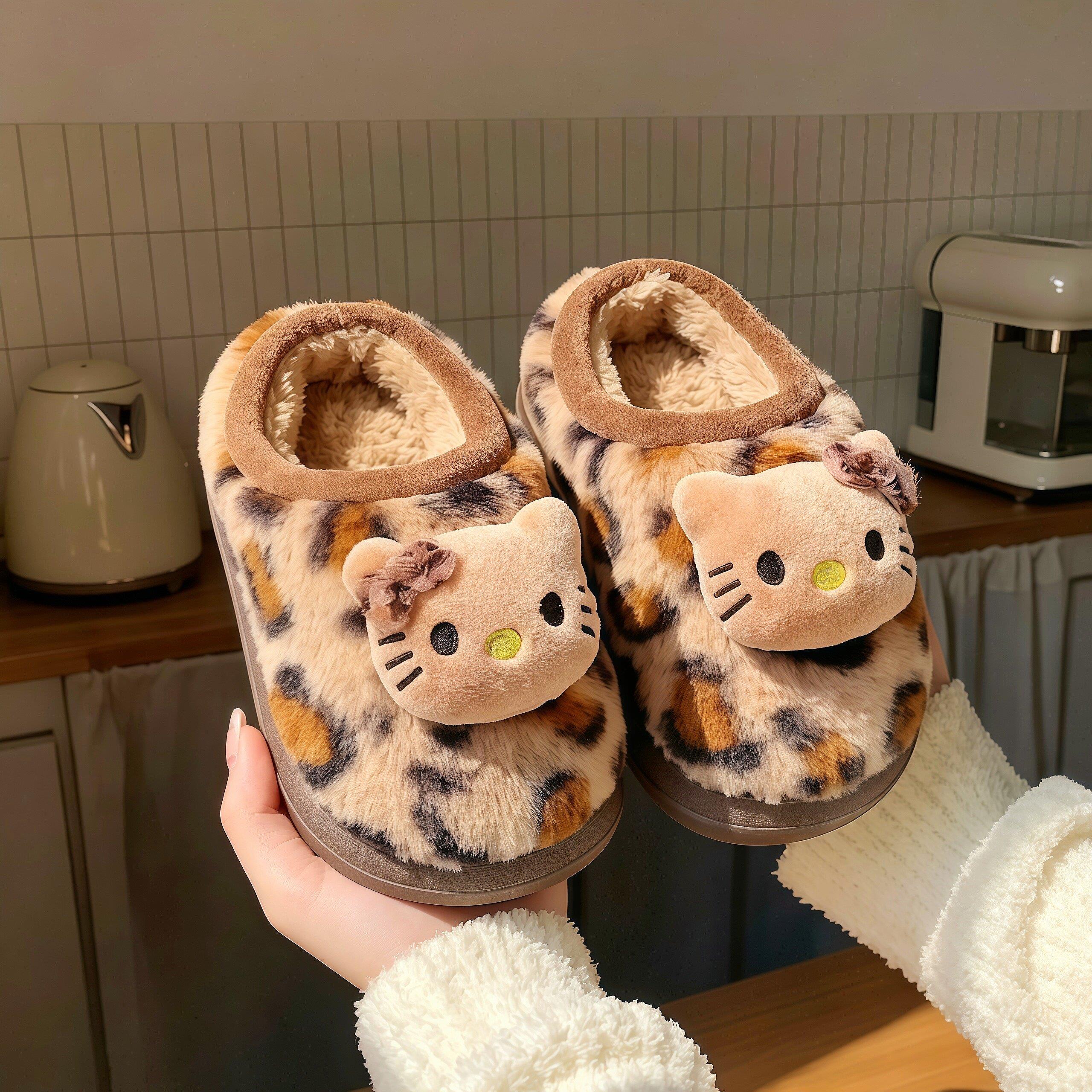 豹纹猫咪儿童棉拖鞋立体卡