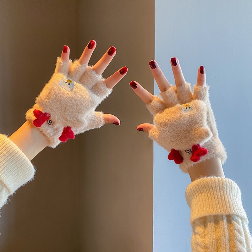 翻盖半指手套女冬季可爱鹿角加绒加厚保暖冬天学生骑行车触屏防寒