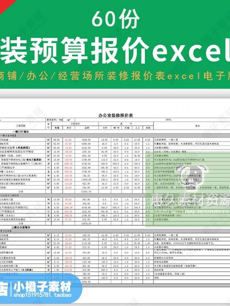 工装工程装修预算报价表商铺办公室楼实体店装修费用明细excel表