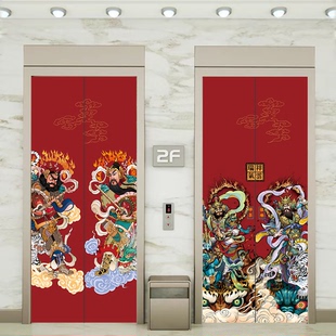 新款入户电梯门中国风门神福禄寿装饰画贴纸一梯一户电梯贴膜壁画