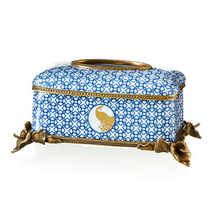 高档纸巾盒欧式 陶瓷配铜餐纸盒奢华别墅创意淡雅家居客厅抽纸盒