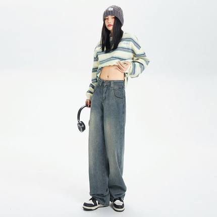 爆款星空纹加绒高腰直筒牛仔裤女秋冬复古宽松小个子阔腿拖地裤