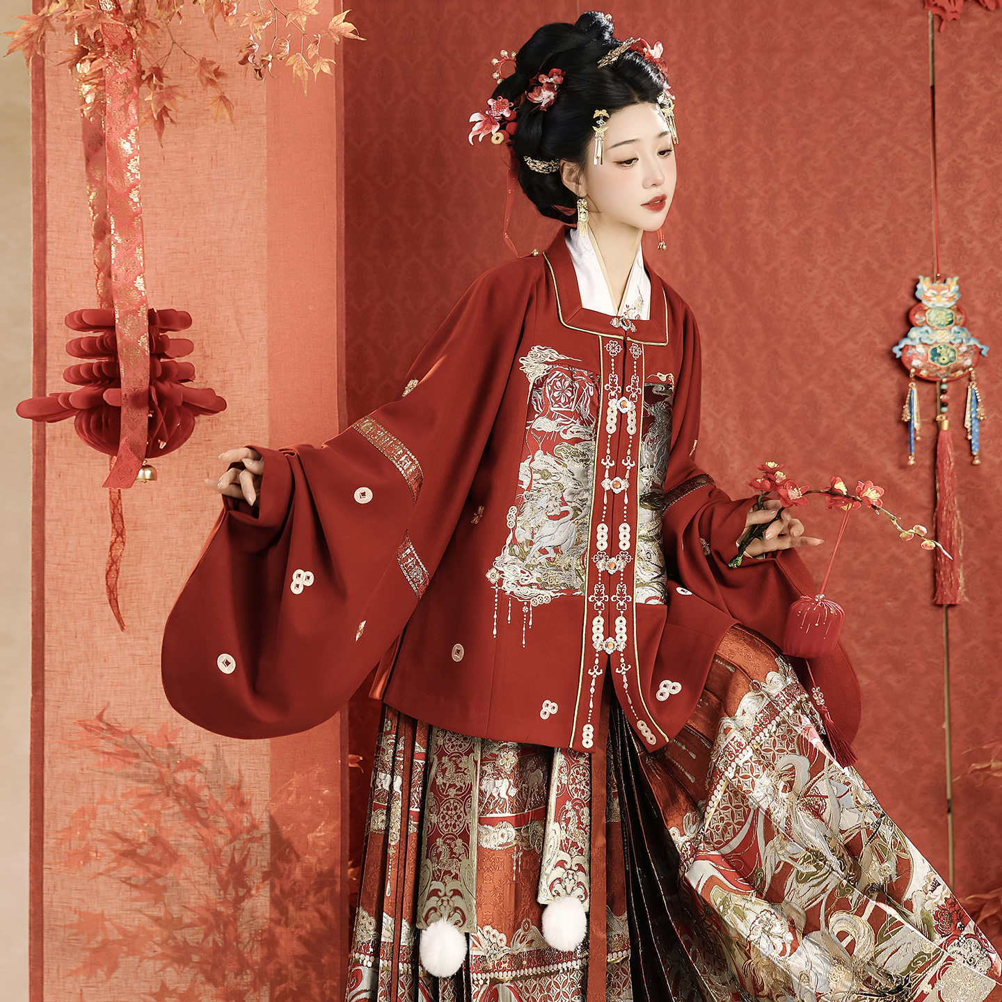 雨瀚黎明制红色马年拜年服套装女