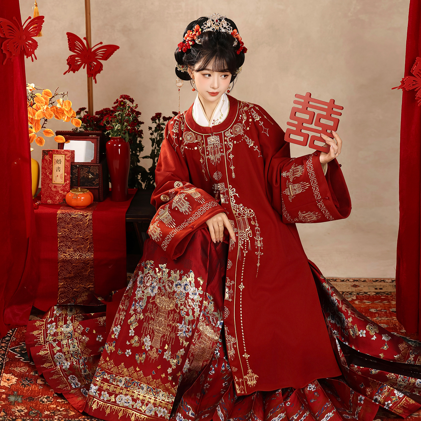 雨瀚黎圆领长袄马面裙婚服拜年服