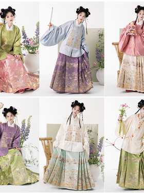 雨瀚黎【枫竹】原创明制汉服方领补服缎面妆花6对褶马面裙套装女