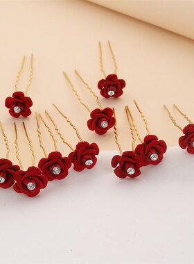 婚礼妈妈头花喜婆婆发q簪婚宴头饰新娘盘发红色玫瑰花梳齿发卡发