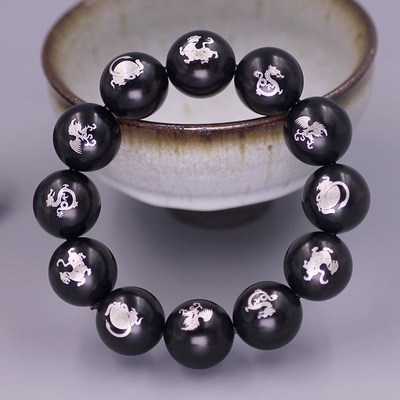 创意黑檀木镶银四象佛珠饰v品配件嵌青龙白虎朱雀玄武手饰配珠散