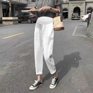 孕妇棉麻九分裤夏季薄款女亚w麻宽松哈伦裤外穿休闲裤子白色罗卜