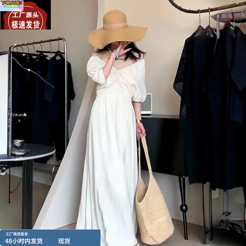 韩版褶皱收腰V领连衣裙女2025夏季新款时尚气质短袖A字过膝长裙子