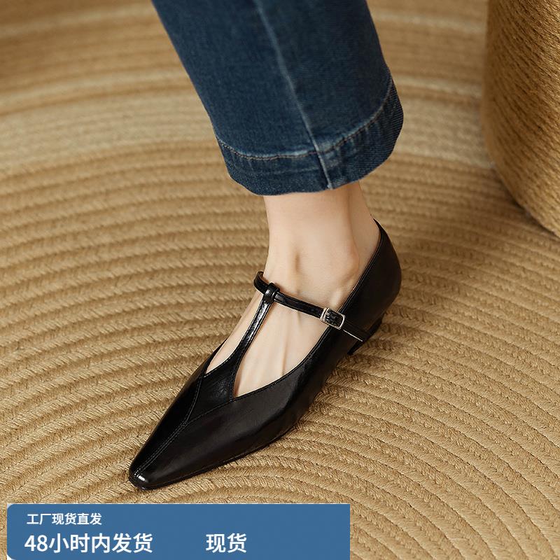 法式复古T字带镂空方头低跟玛丽珍女鞋春秋季通勤百搭粗跟单鞋女