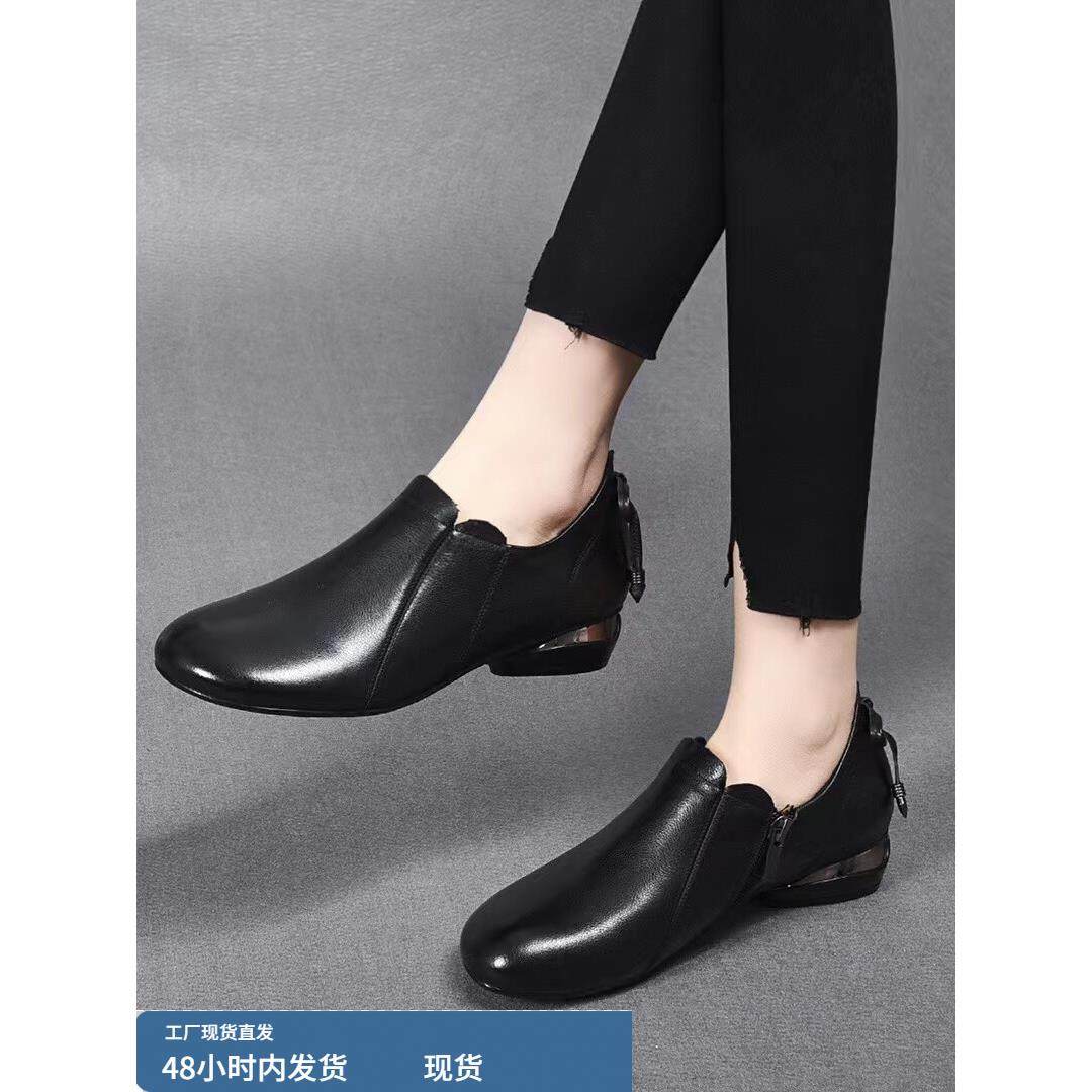 平底乐福鞋女单鞋春秋季2025真皮圆头低跟舒适深口单鞋平跟妈妈鞋