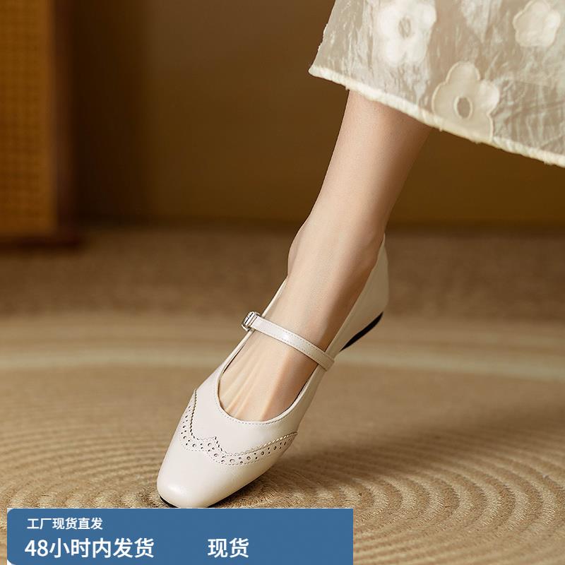 法式软皮布洛克方头浅口平底单鞋女一字带软底玛丽珍女鞋大码女鞋