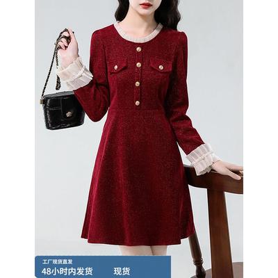 小香风红色长袖连衣裙女2025新款秋季轻奢高级感重要场合绝美裙子