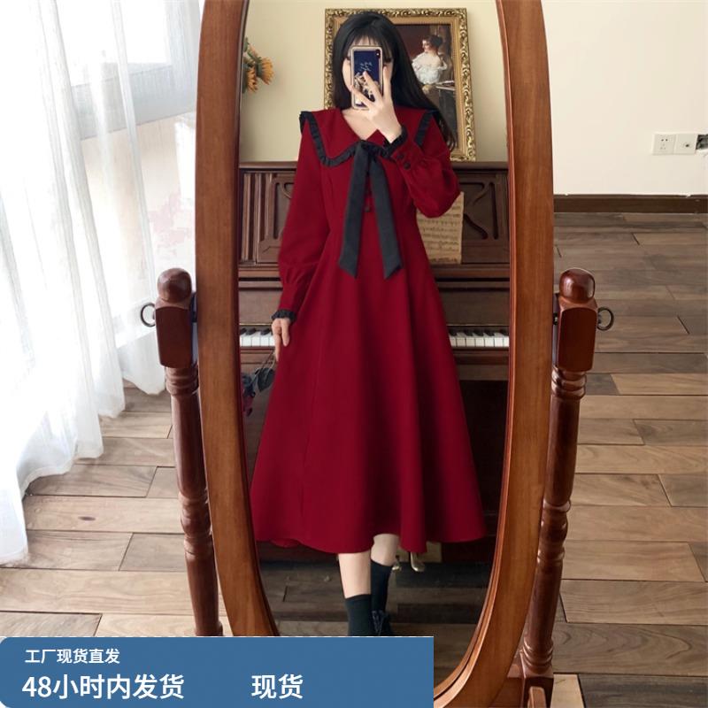 新品大码女装春季赫本风收腰连衣裙复古撞色甜美气质蝴蝶结长裙