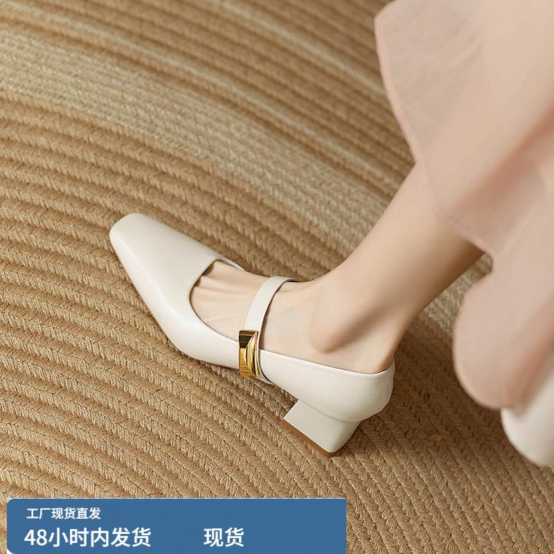 法式方头浅口粗跟通勤单鞋女春秋新款一字带中低鞋玛丽珍女鞋4CM