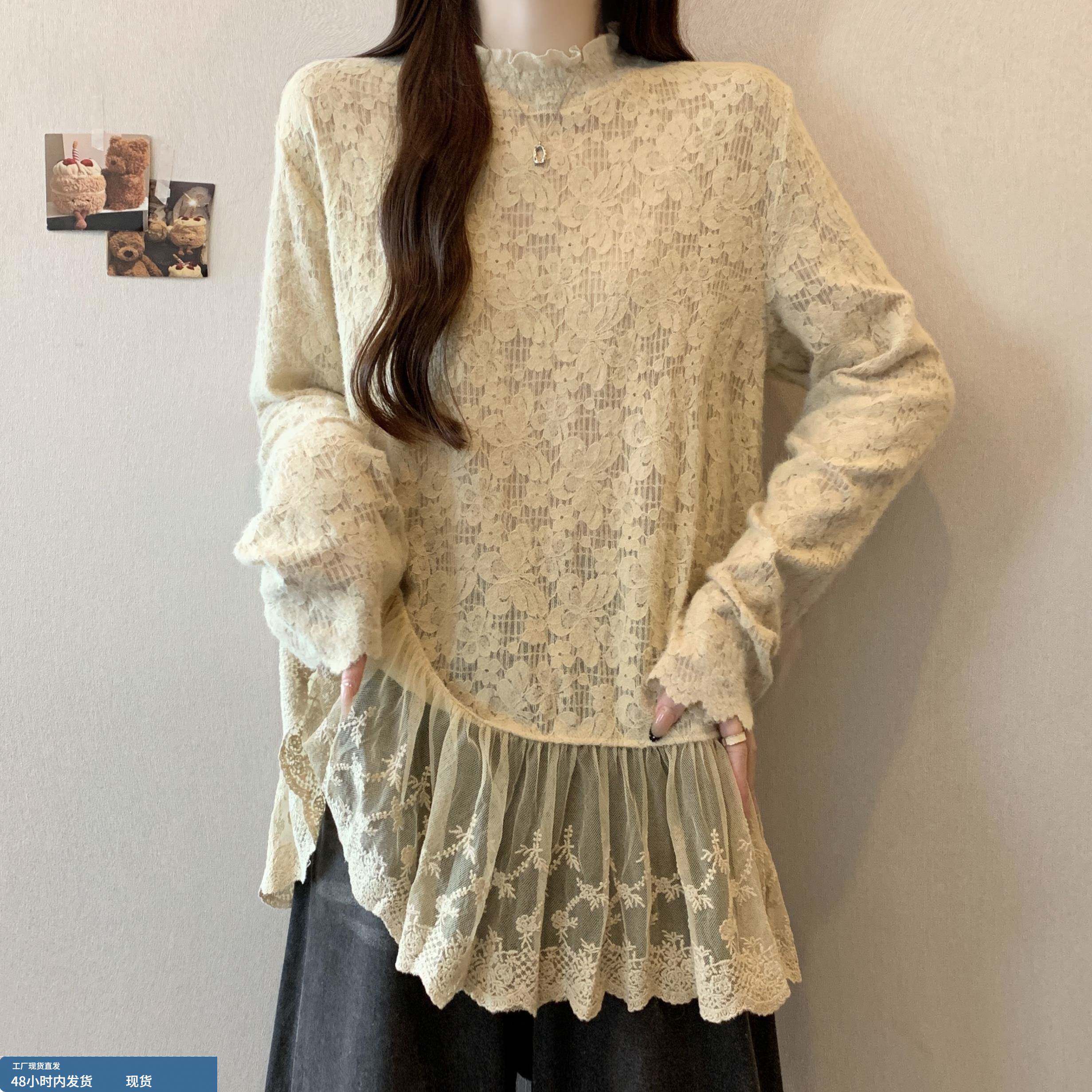 半高领蕾丝拼接长袖T恤打底衫女秋冬大码胖mm遮肉显瘦中长款上衣
