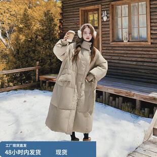 卡其色灯笼袖立领长款羽绒服女冬季2025年新款韩系宽松白鸭绒外套