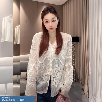 松弛感钩花镂空V领蕾丝衫女秋冬季独特别致宽松显瘦百搭打底上衣