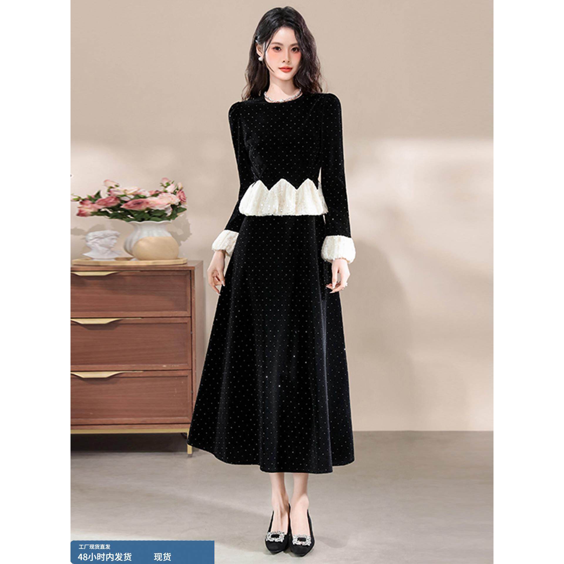 小香风连衣裙女秋冬2025新款气质烫钻荷叶边高腰显瘦收腰蓬蓬长裙