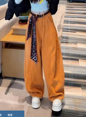 橙色弯刀阔腿牛仔裤女2025新款秋冬加绒加厚版型超好看的休闲裤子