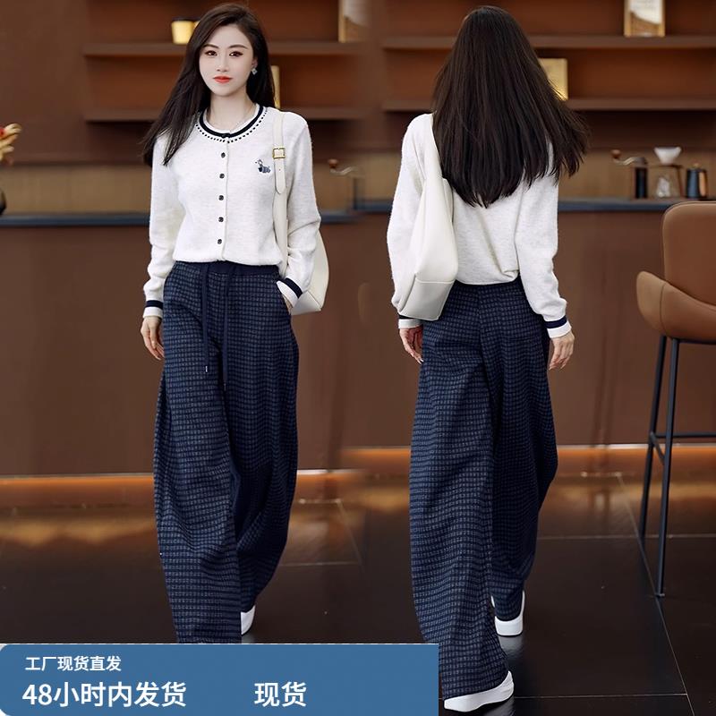 松紧腰格子弯刀裤女2025秋冬新款今年流行爆款裤子加绒宽松阔腿裤