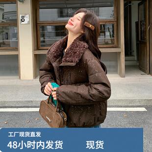 羊羔毛领咖色烫钻短款羽绒服女冬季超火好看高级小众加厚保暖外套