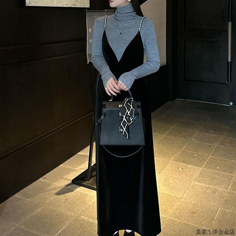 早秋清冷富家千金穿搭高端精致高级感重要场合丝绒吊带连衣裙套装