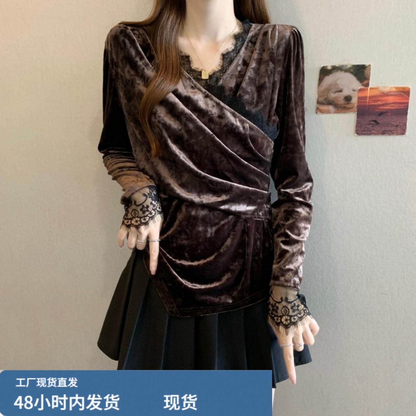 蕾丝拼接V领丝绒长袖打底衫女秋冬大码胖mm显瘦短款交叉收腰上衣,孕妇装/孕产妇用品/营养,套装,淘宝优惠券,粉丝福利购,淘宝优惠卷