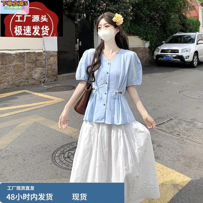 蓝色短款棉麻泡泡袖上衣女夏多巴胺亚麻套装娃娃衫明媚小个子衬衫