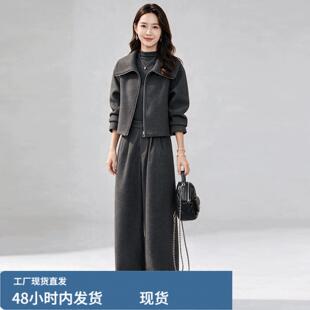大翻领芼呢外套阔腿裤套装女2026春秋新款时尚休闲气质百搭两件套