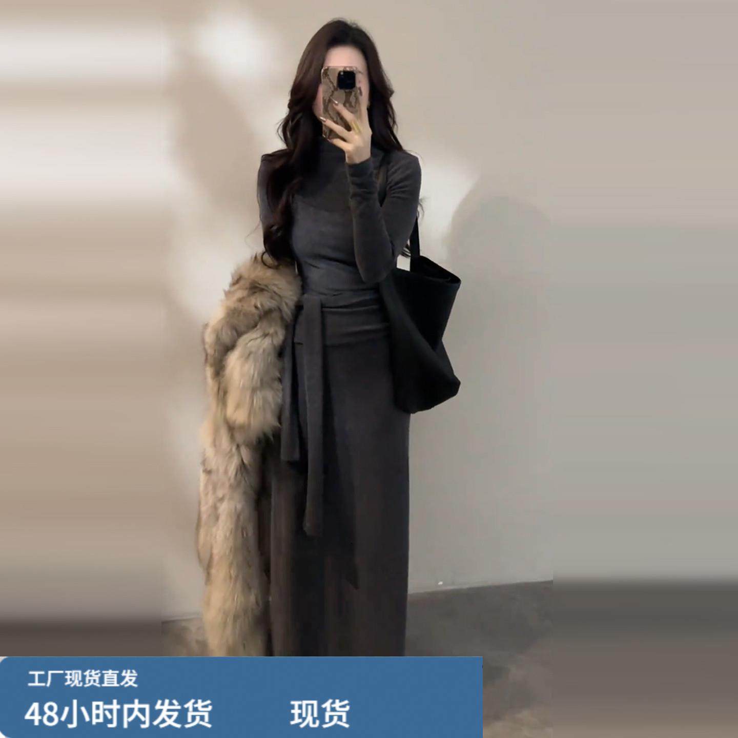 2026新款半高领灰色针织连衣裙子女秋冬季设计感绑带收腰长裙套装,运动/瑜伽/健身/球迷用品,瑜伽短裙,淘宝优惠券,粉丝福利购,淘宝优惠卷