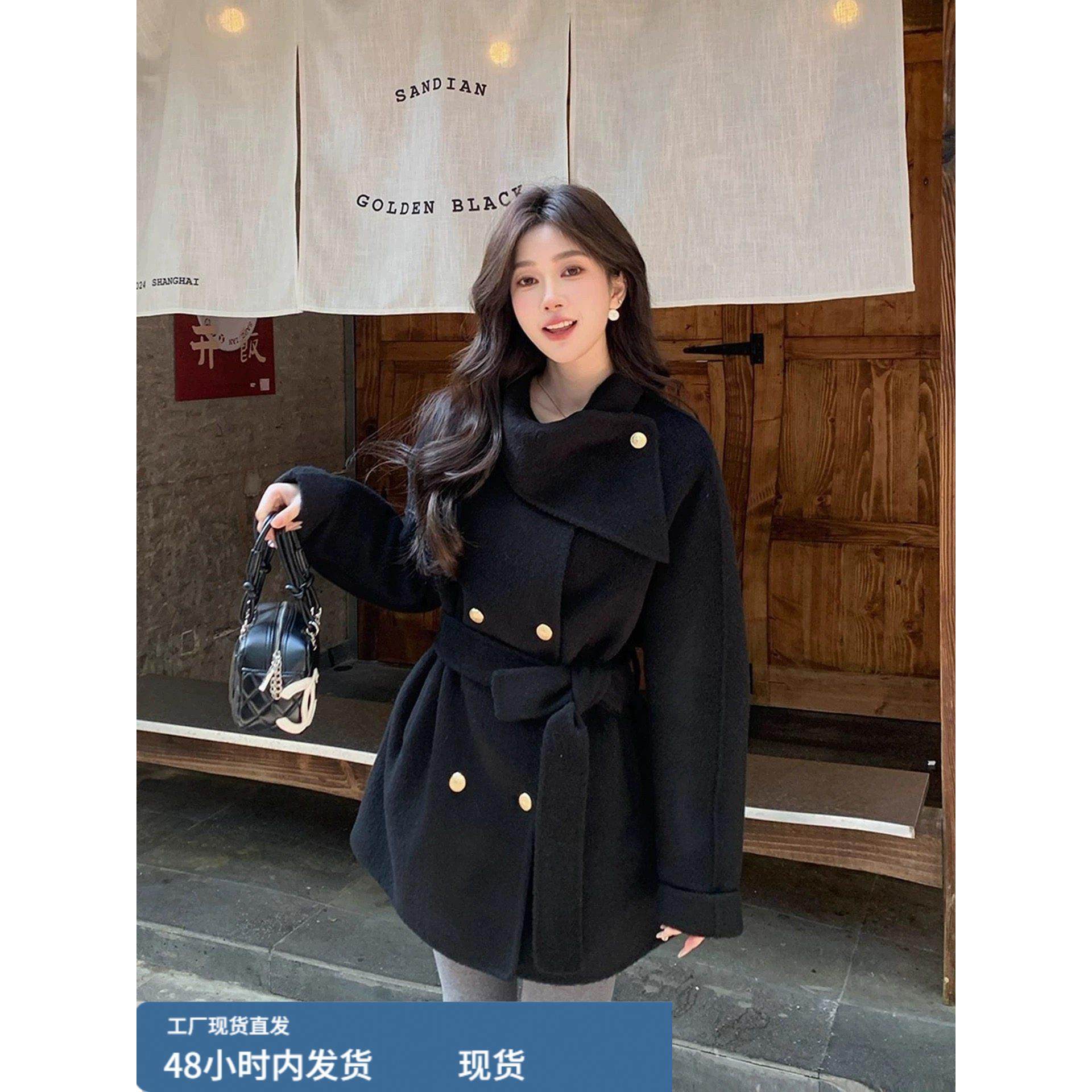 赫本风黑色毛呢外套女秋冬双排扣系带收腰短款上衣小个子高级感,运动/瑜伽/健身/球迷用品,广场舞套装,淘宝优惠券,粉丝福利购,淘宝优惠卷