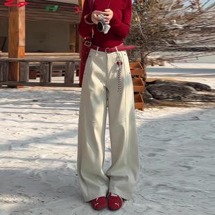 小个子超好看的裤子女2025新款冬季加绒加厚米白色高腰显瘦阔腿裤