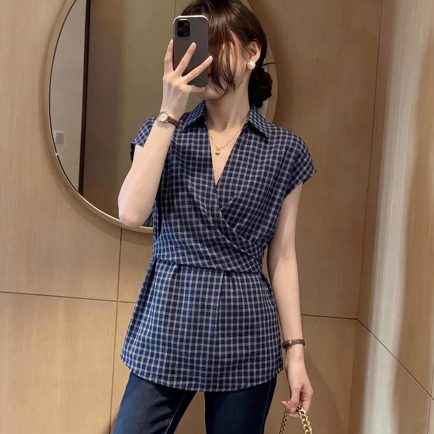 新品复古格子polo领短袖衬衫女夏季新款胖MM收腰绑带气质显瘦上衣