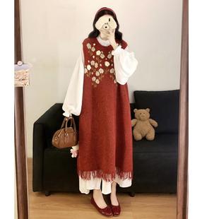 红色花朵针织背心连衣裙2025超火减龄秋冬大码胖mm叠穿长款马甲裙