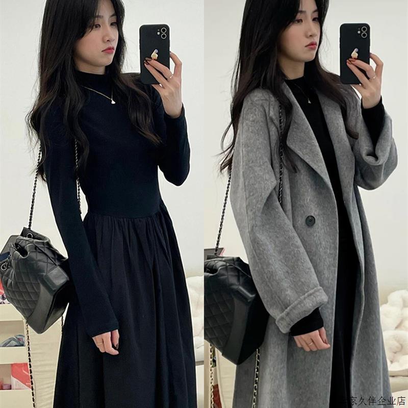 早秋黑色长袖巨好看连衣裙女赫本风秋冬季内搭打底修身显瘦长裙子