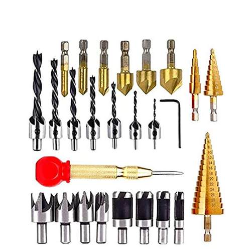 木工开孔组合套装沉孔钻阶梯钻镀钛倒角器铰链钻双磁批头35PC