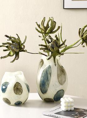 新品蓝绿肌理网格艺术氛围感斑点玻璃花瓶新中式高级手工玻璃花器