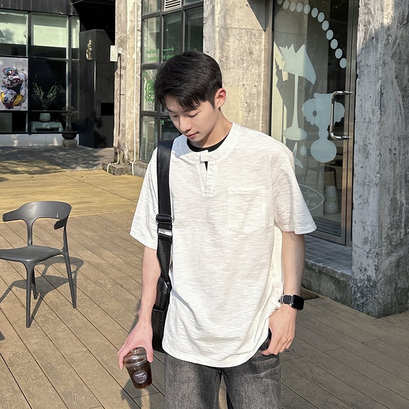 240g白色肌理纹V领短袖T恤竹节棉男2025新款夏季宽松休闲套头上衣