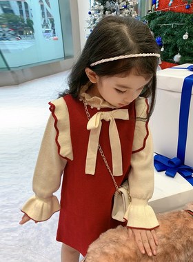 女童连衣裙秋冬2023新款儿童针织公主宝L宝红色韩版洋气年服毛衣