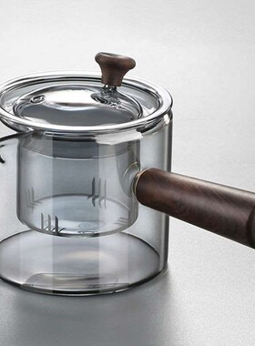 高硼硅玻璃茶壶烟灰色可电陶炉加热煮茶泡茶壶实木把手侧把花茶壶