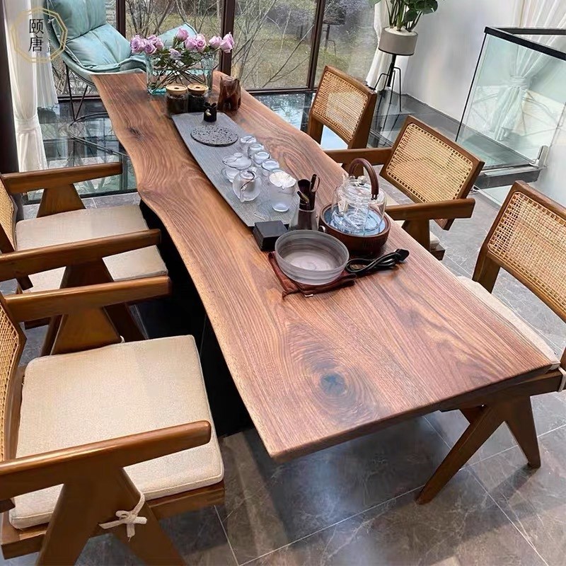 北美黑胡桃木实木大板茶桌茶台雨木餐桌南美胡桃木原木整板办公桌