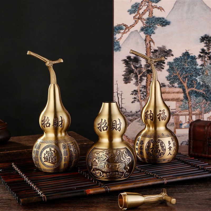纯黄铜葫芦摆件家居玄关装饰品开口八卦铜葫芦工艺品百福葫芦乔迁