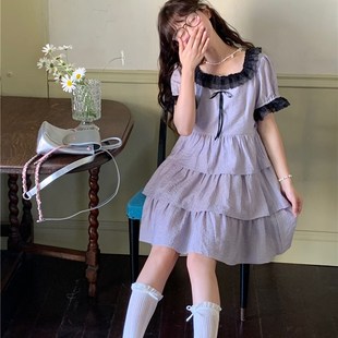 女方领公主连衣裙张心子系带甜美蛋糕I层裙海蒂之花雪纺蛋糕裙