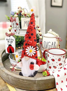 春天无脸老人瓢虫无脸娃娃坐姿公仔创意I无脸老人节日礼品摆件