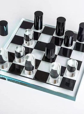 新中式几何圆柱水晶棋盘桌面摆件办公F室电视柜酒店客厅家居装饰