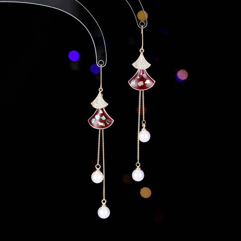 气质显脸瘦耳饰潮小众高级感长款修饰脸型扇形小裙子珍珠流苏耳环