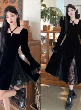 大码开叉蕾丝黑色挂脖丝绒连衣裙秋款女装胖mm高S腰显瘦高级感裙